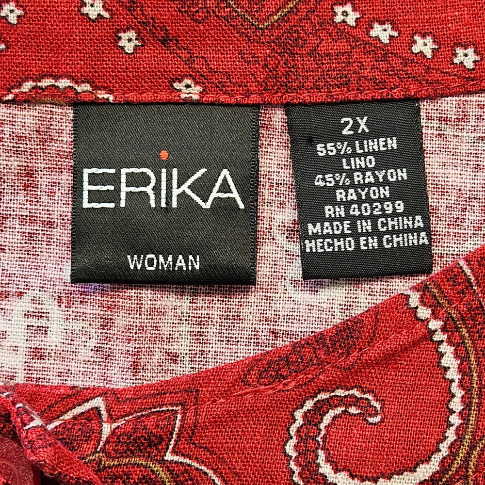 VTG Erika Red Paisley Linen Blend Button Front Top Short Sleeve Plus Size 2X - Picture 2 of 5